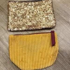 Ipsy Glam Bags Set of Two Gold Sequined & Black, Wine & Golden Yellow Velvety